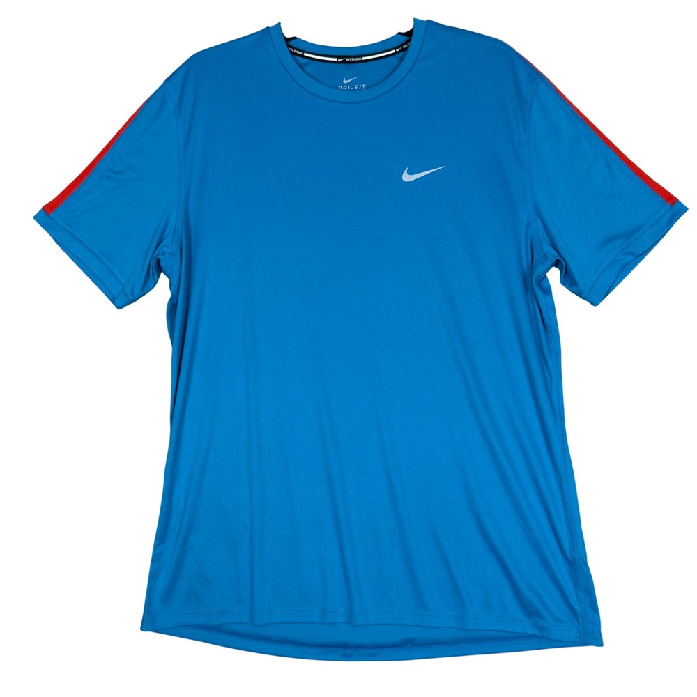 Nike Dri-FIT Shirt Size L 21.5x29.5 Running Top Blue Red Stripe Swoosh Athletic
